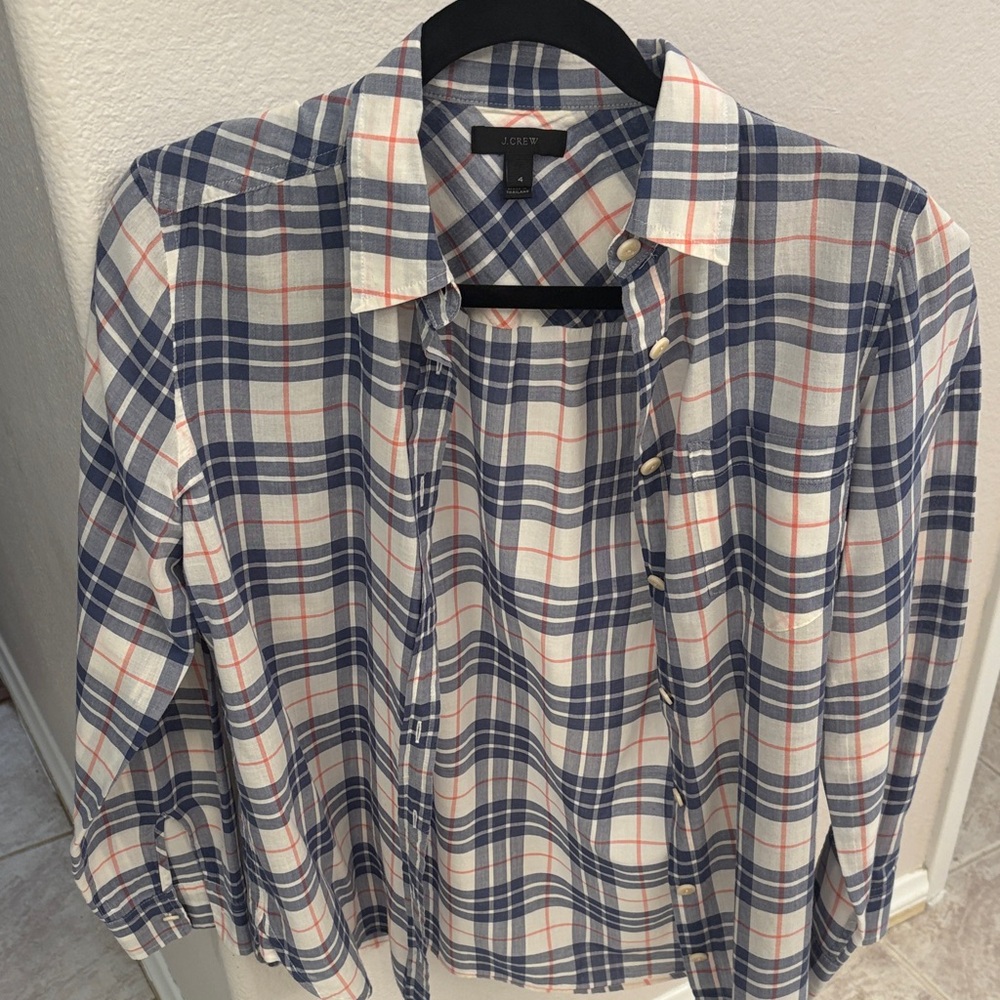 J. Crew Men's Navy and White Plaid Button Down Shirt